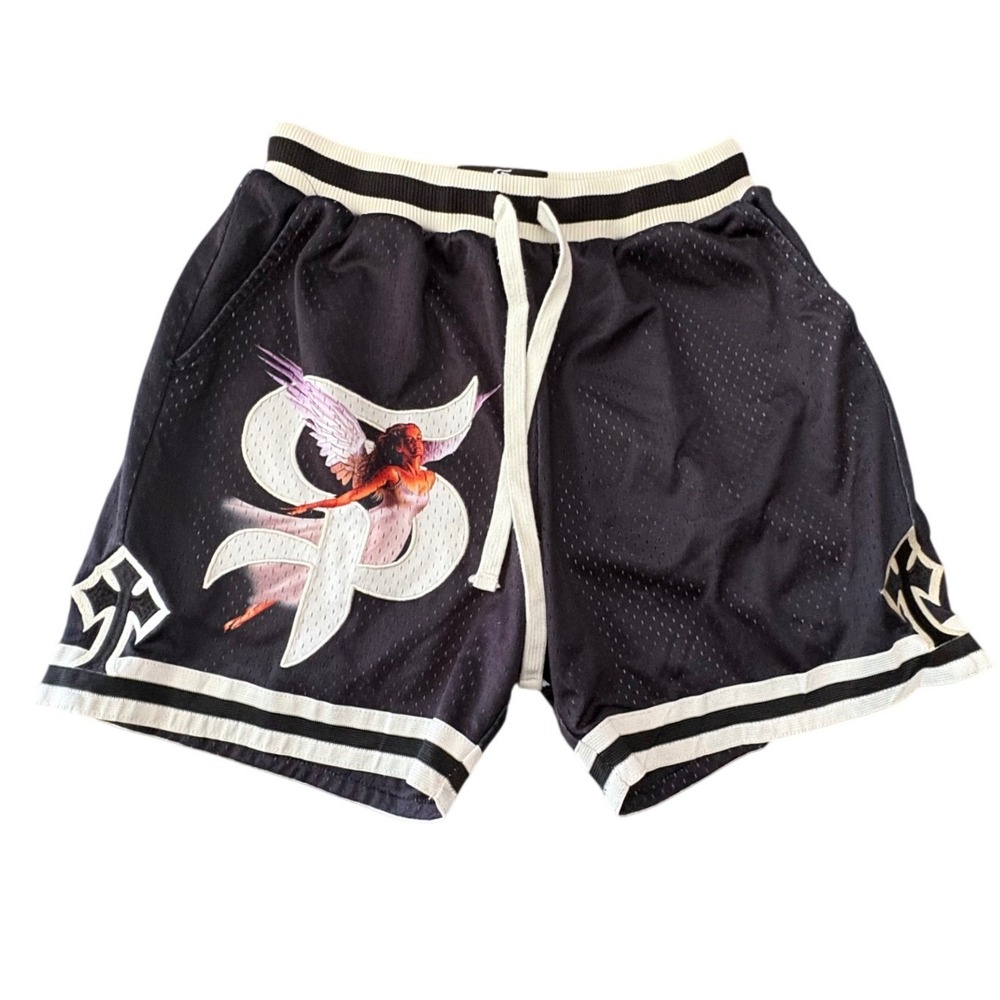 Saint Potential Mens Black Mesh Angel Graphic Basketball Shorts Size Small 5in